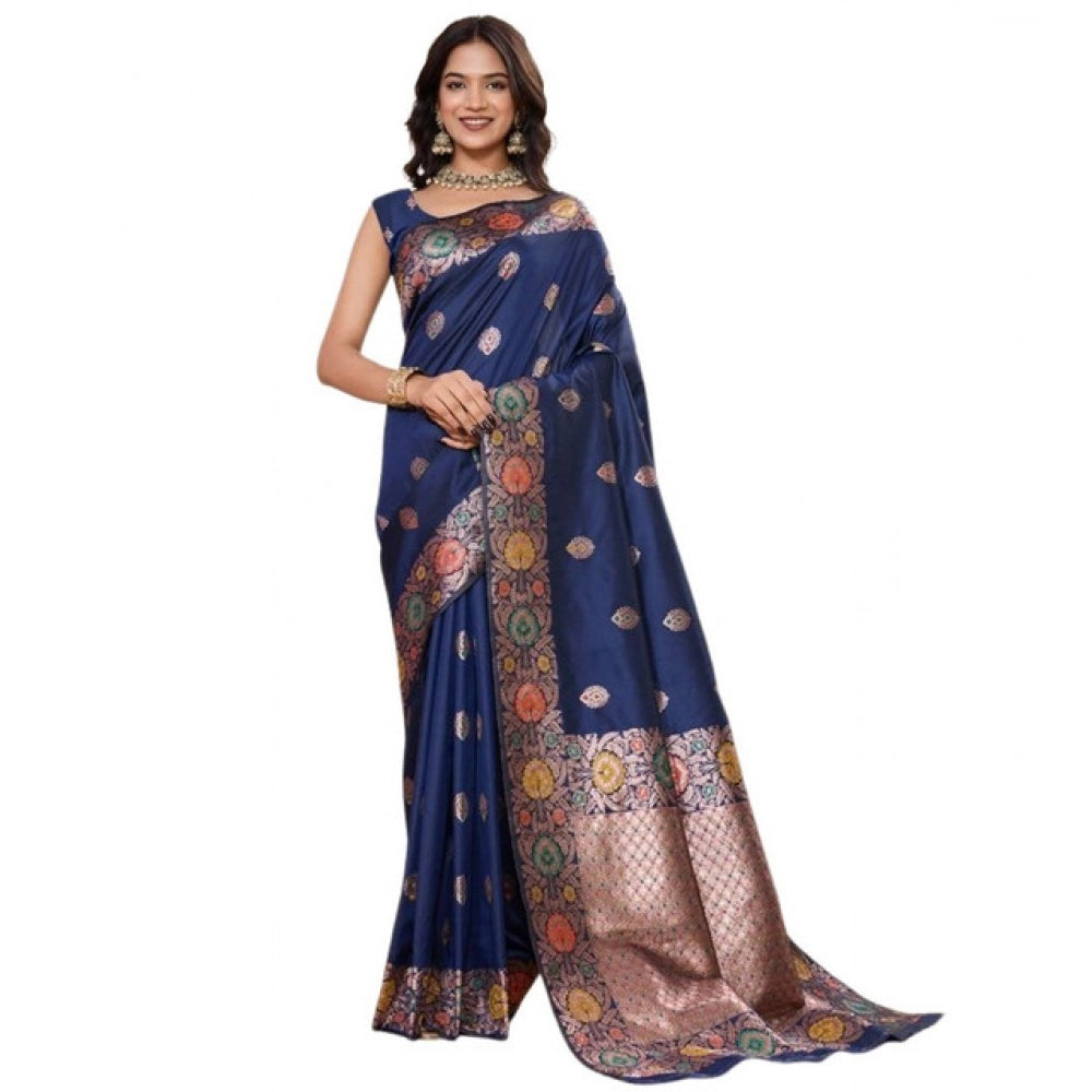 Snuggle Spot Women's Faux_Banarasi_Silk Woven Saree With Unstitched Blouse 5.5Mtr (Navy_Blue)
