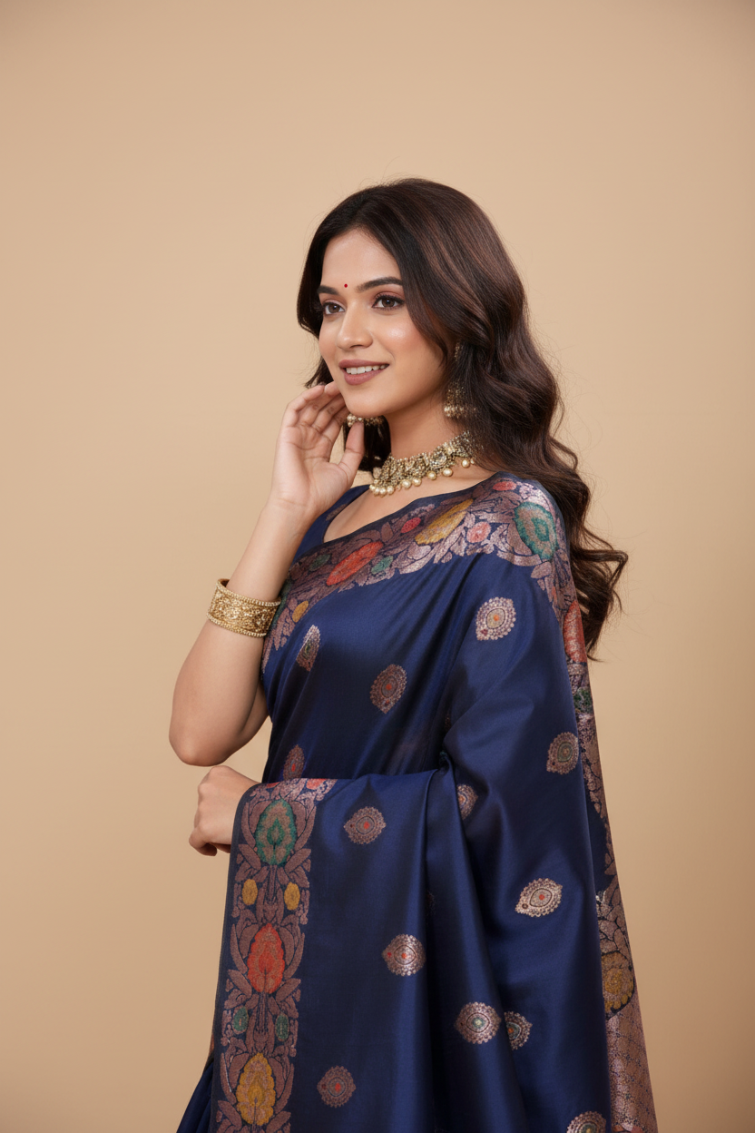 Snuggle Spot Women's Faux_Banarasi_Silk Woven Saree With Unstitched Blouse 5.5Mtr (Navy_Blue)