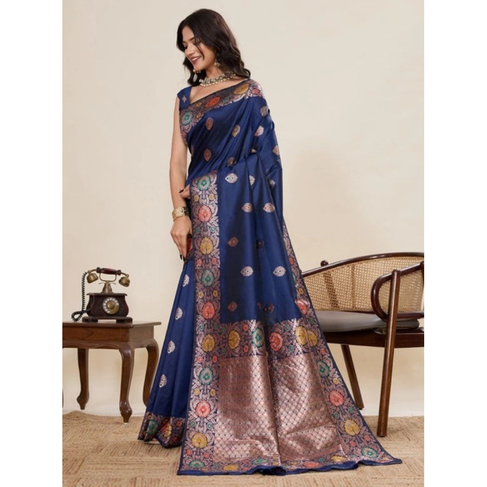 Snuggle Spot Women's Faux_Banarasi_Silk Woven Saree With Unstitched Blouse 5.5Mtr (Navy_Blue)