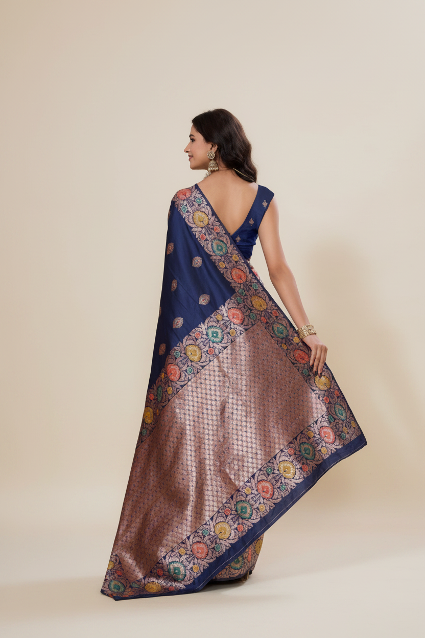 Snuggle Spot Women's Faux_Banarasi_Silk Woven Saree With Unstitched Blouse 5.5Mtr (Navy_Blue)