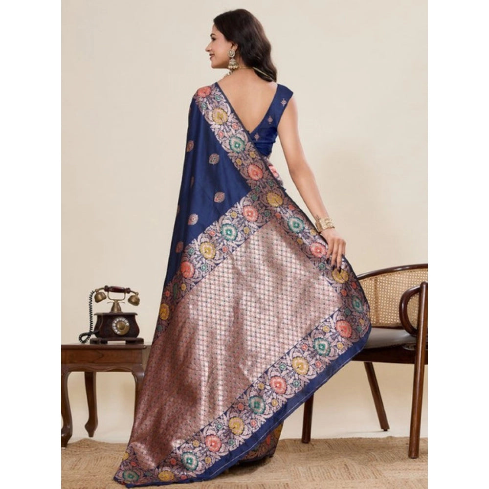 Snuggle Spot Women's Faux_Banarasi_Silk Woven Saree With Unstitched Blouse 5.5Mtr (Navy_Blue)