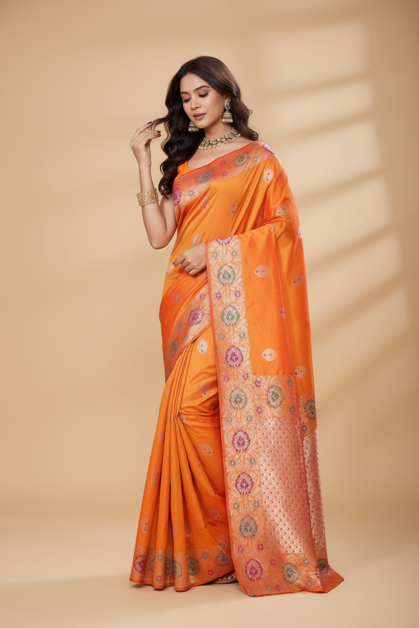 Snuggle Spot Women's Faux_Banarasi_Silk Woven Saree With Unstitched Blouse 5.5Mtr (Orange)
