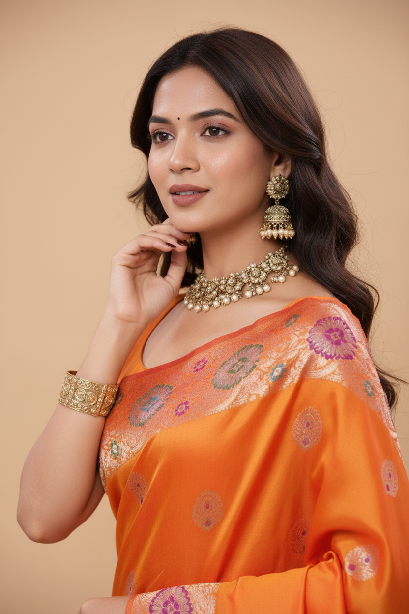 Snuggle Spot Women's Faux_Banarasi_Silk Woven Saree With Unstitched Blouse 5.5Mtr (Orange)