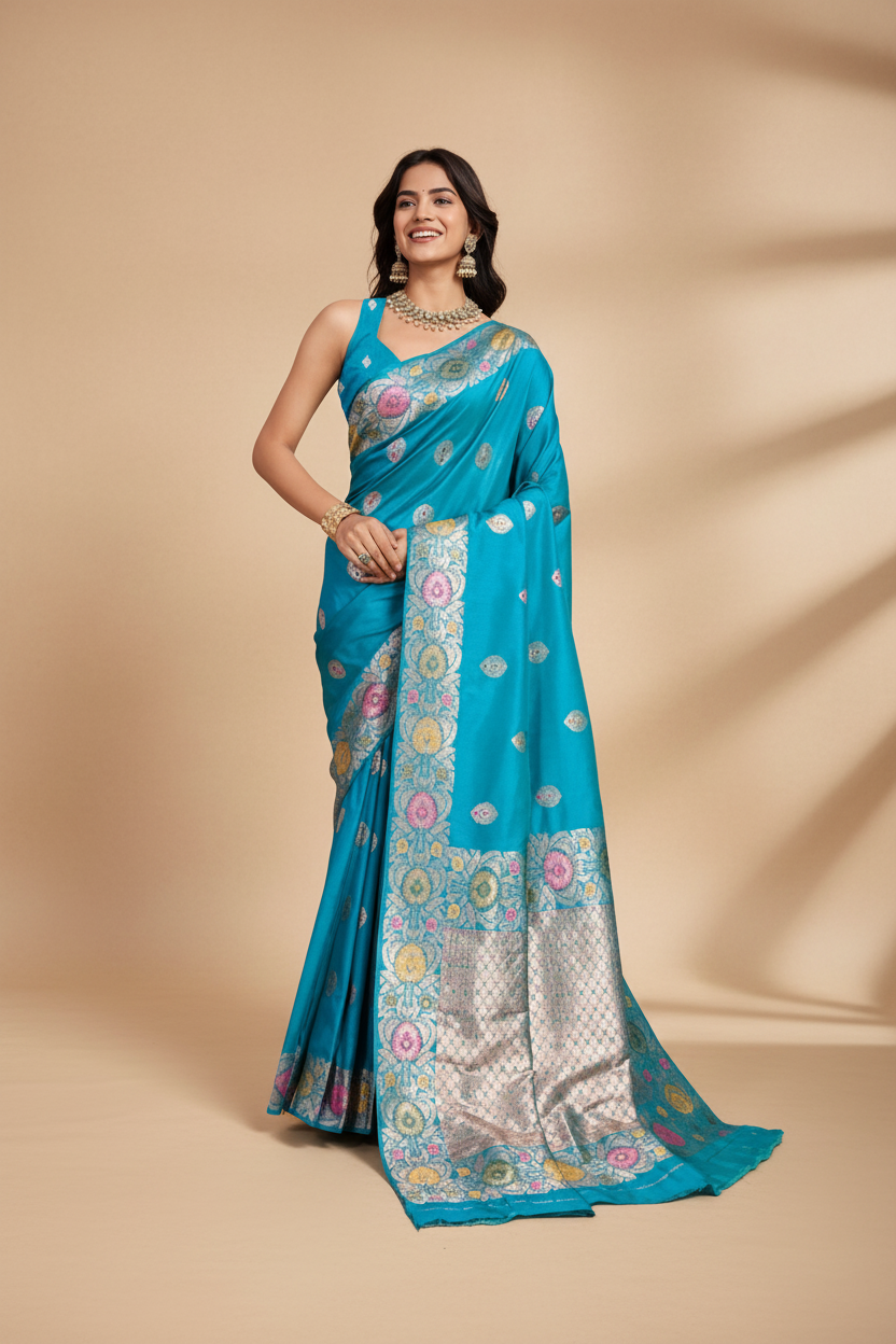 Snuggle Spot Women's Faux_Banarasi_Silk Woven Saree With Unstitched Blouse 5.5Mtr (Turquoise)