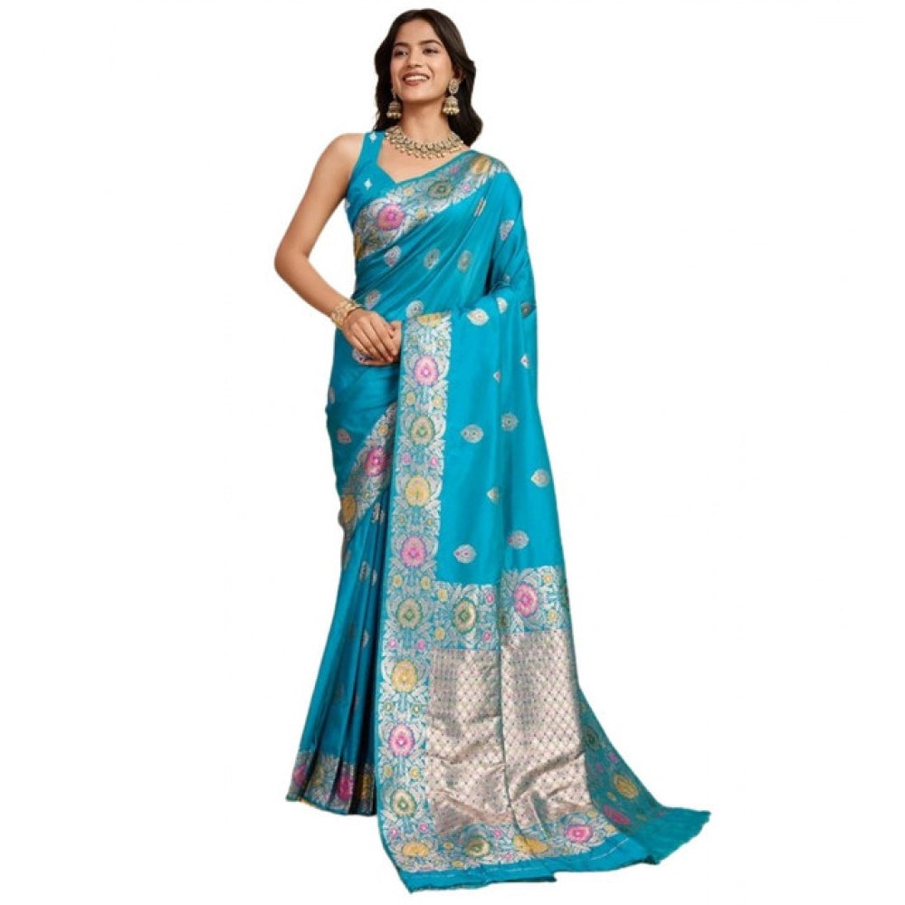 Snuggle Spot Women's Faux_Banarasi_Silk Woven Saree With Unstitched Blouse 5.5Mtr (Turquoise)