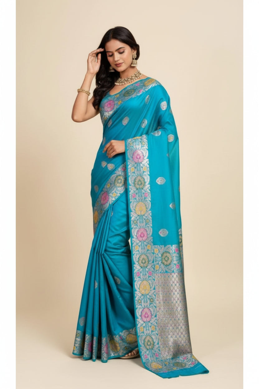 Snuggle Spot Women's Faux_Banarasi_Silk Woven Saree With Unstitched Blouse 5.5Mtr (Turquoise)