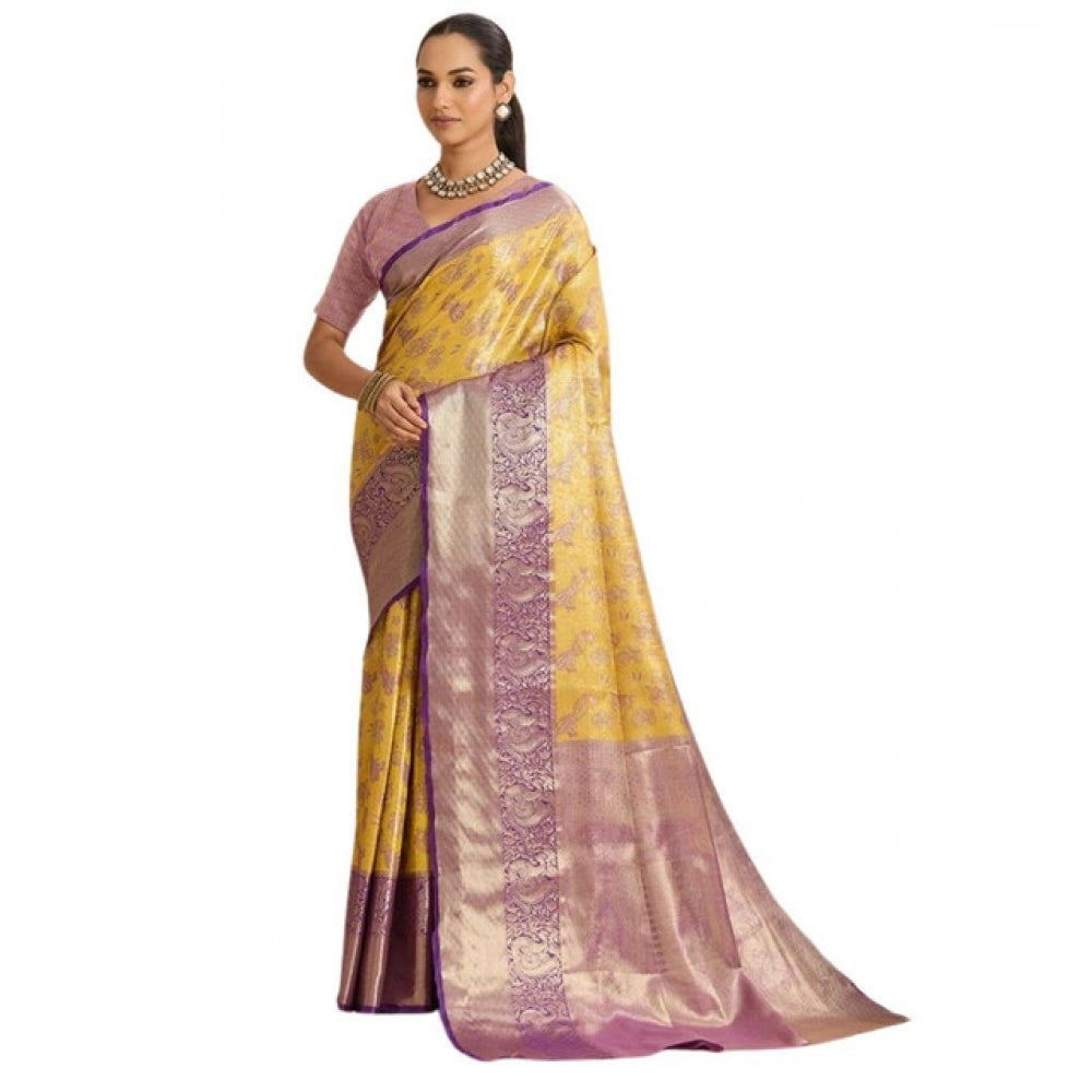 Snuggle Spot Women's Faux_Banarasi_Silk Woven Saree With Unstitched Blouse 5.5Mtr (Yellow)