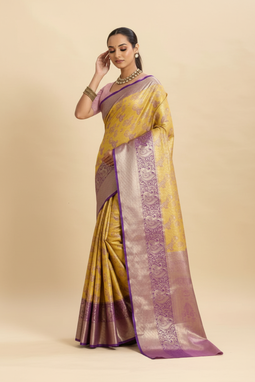 Snuggle Spot Women's Faux_Banarasi_Silk Woven Saree With Unstitched Blouse 5.5Mtr (Yellow)