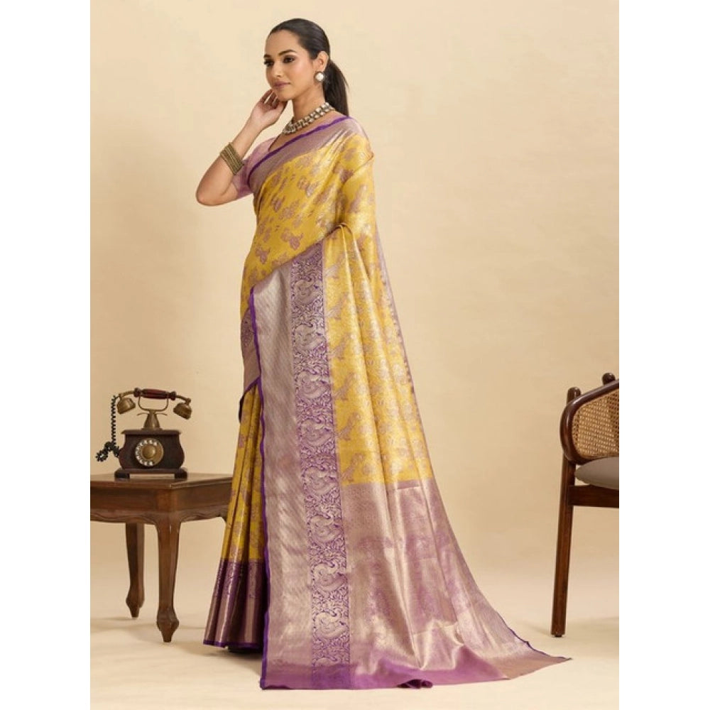 Snuggle Spot Women's Faux_Banarasi_Silk Woven Saree With Unstitched Blouse 5.5Mtr (Yellow)