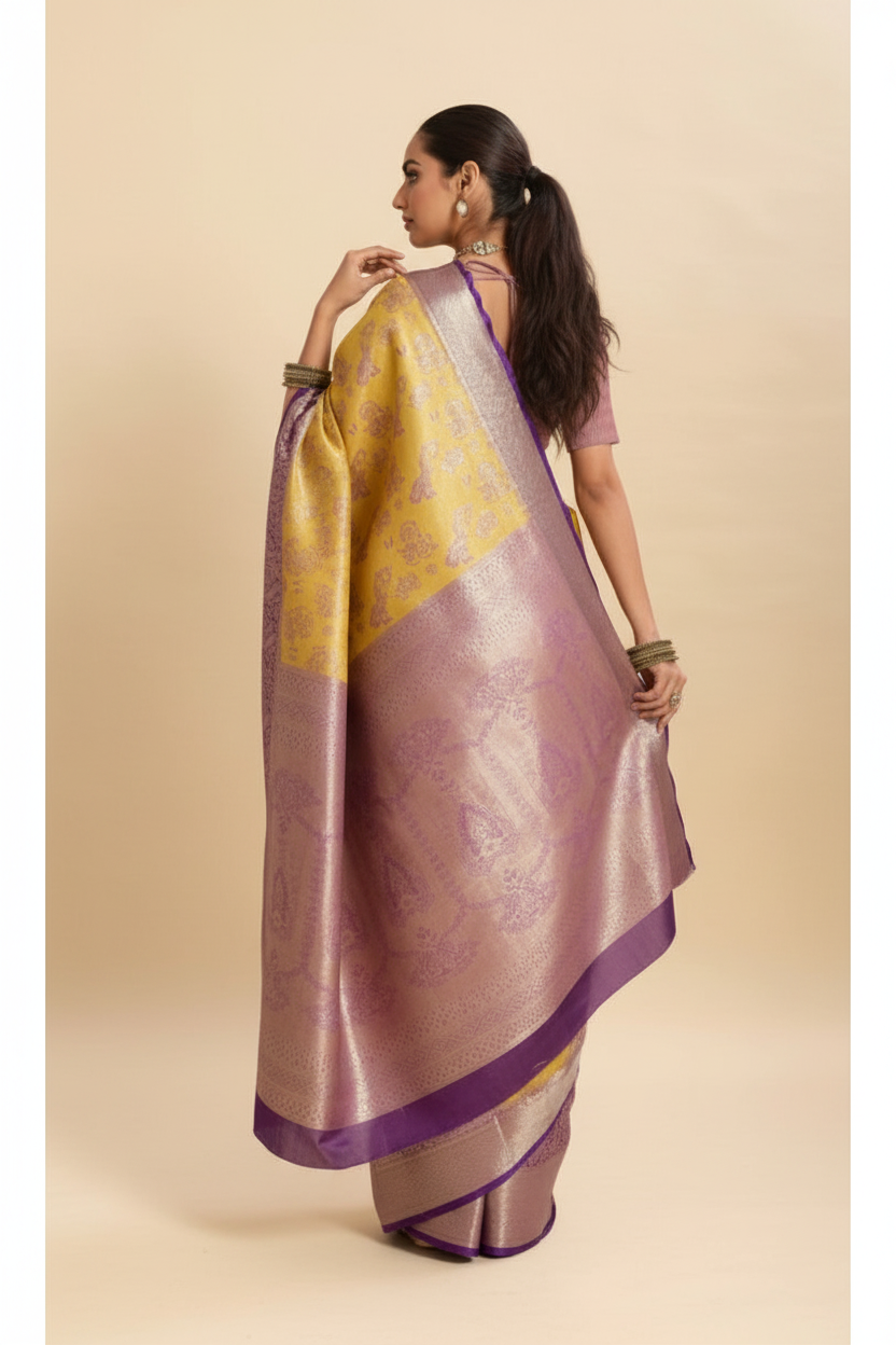 Snuggle Spot Women's Faux_Banarasi_Silk Woven Saree With Unstitched Blouse 5.5Mtr (Yellow)