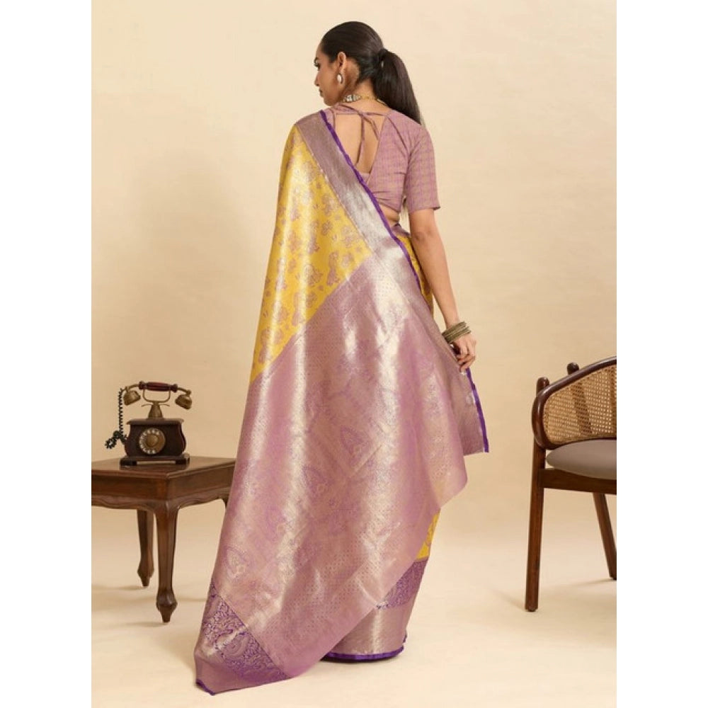 Snuggle Spot Women's Faux_Banarasi_Silk Woven Saree With Unstitched Blouse 5.5Mtr (Yellow)