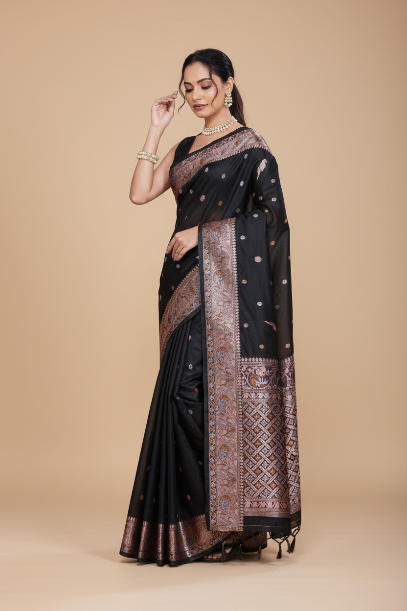 Snuggle Spot Women's Jacquard Woven Saree With Unstitched Blouse 5.5Mtr (Black)