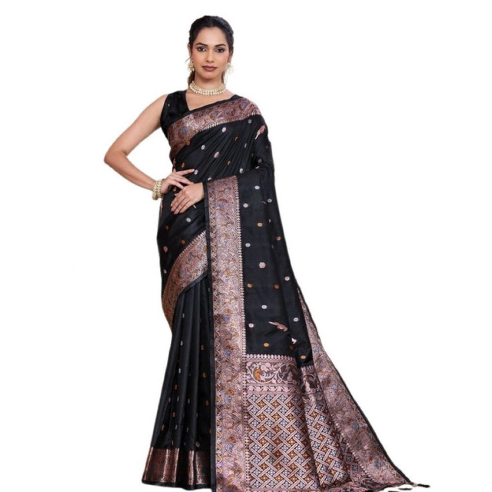 Snuggle Spot Women's Jacquard Woven Saree With Unstitched Blouse 5.5Mtr (Black)