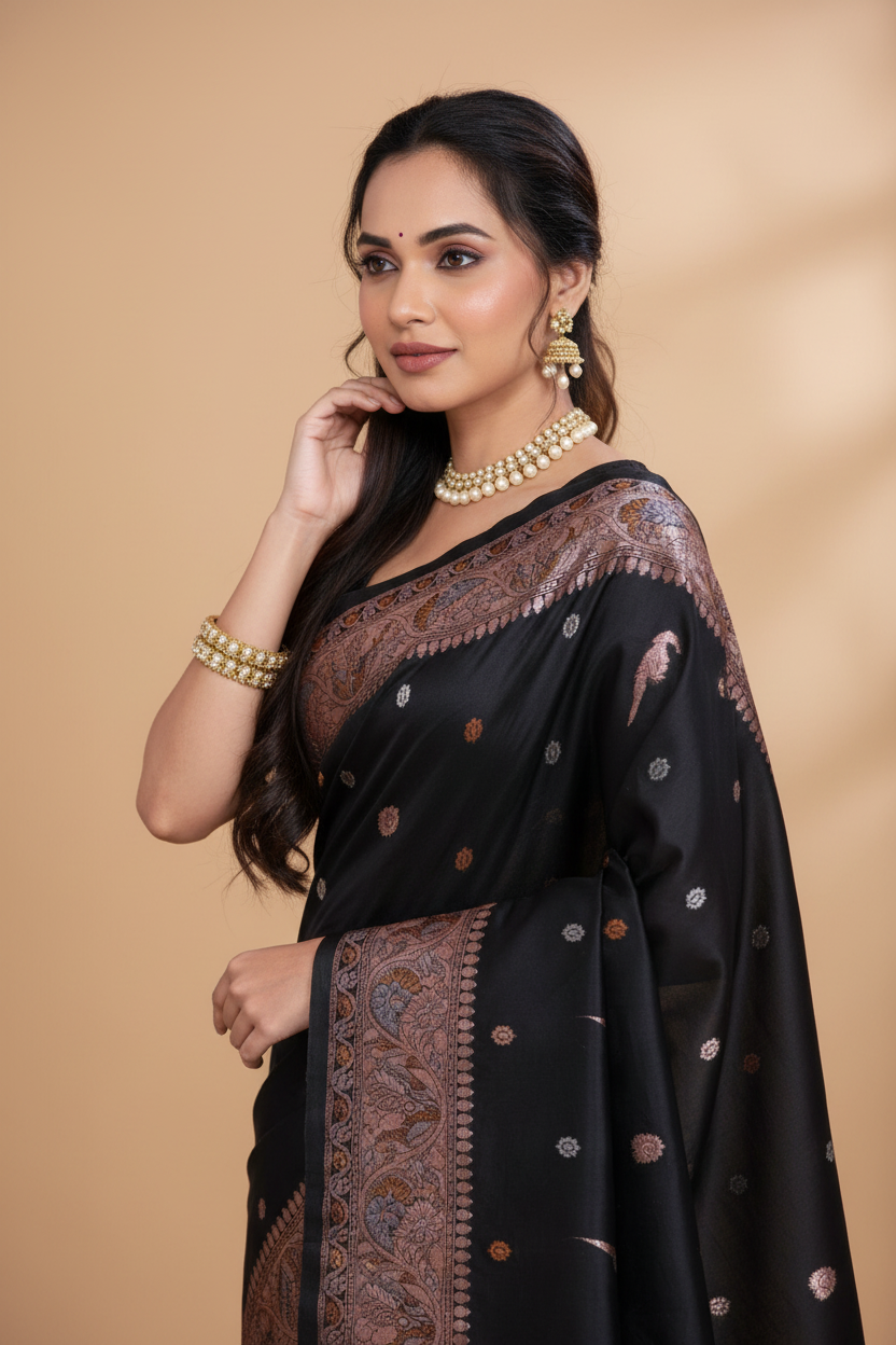 Snuggle Spot Women's Jacquard Woven Saree With Unstitched Blouse 5.5Mtr (Black)
