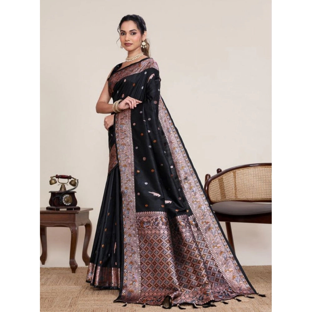 Snuggle Spot Women's Jacquard Woven Saree With Unstitched Blouse 5.5Mtr (Black)