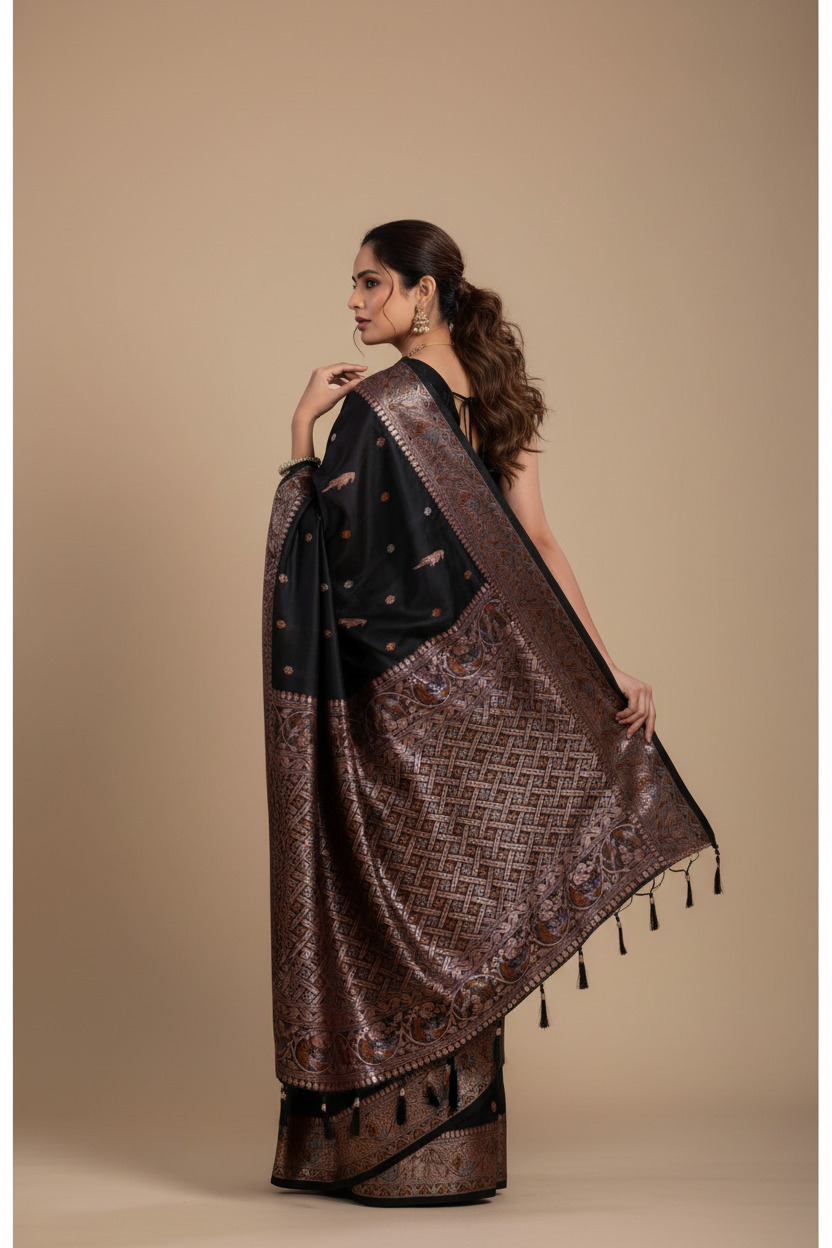 Snuggle Spot Women's Jacquard Woven Saree With Unstitched Blouse 5.5Mtr (Black)