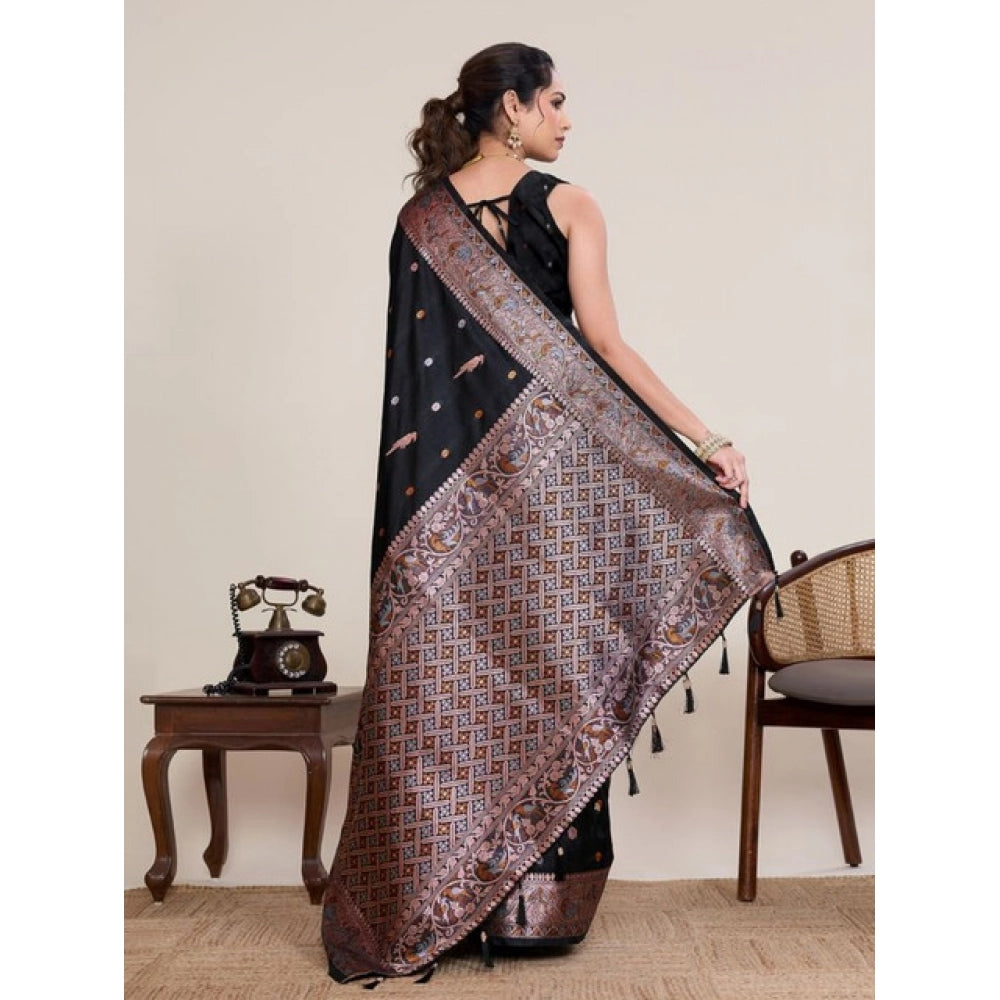 Snuggle Spot Women's Jacquard Woven Saree With Unstitched Blouse 5.5Mtr (Black)