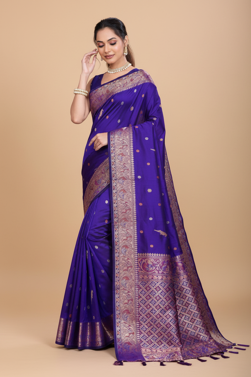 Snuggle Spot Women's Jacquard Woven Saree With Unstitched Blouse 5.5Mtr (Blue)