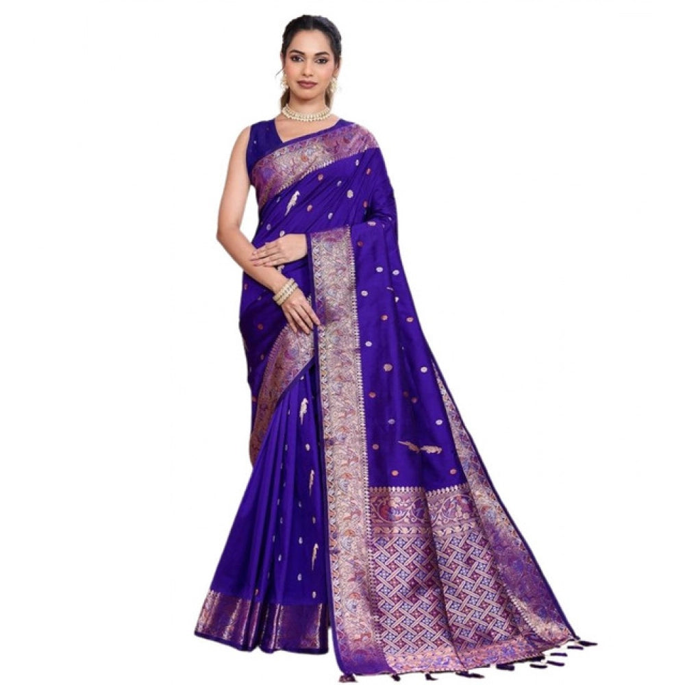 Snuggle Spot Women's Jacquard Woven Saree With Unstitched Blouse 5.5Mtr (Blue)