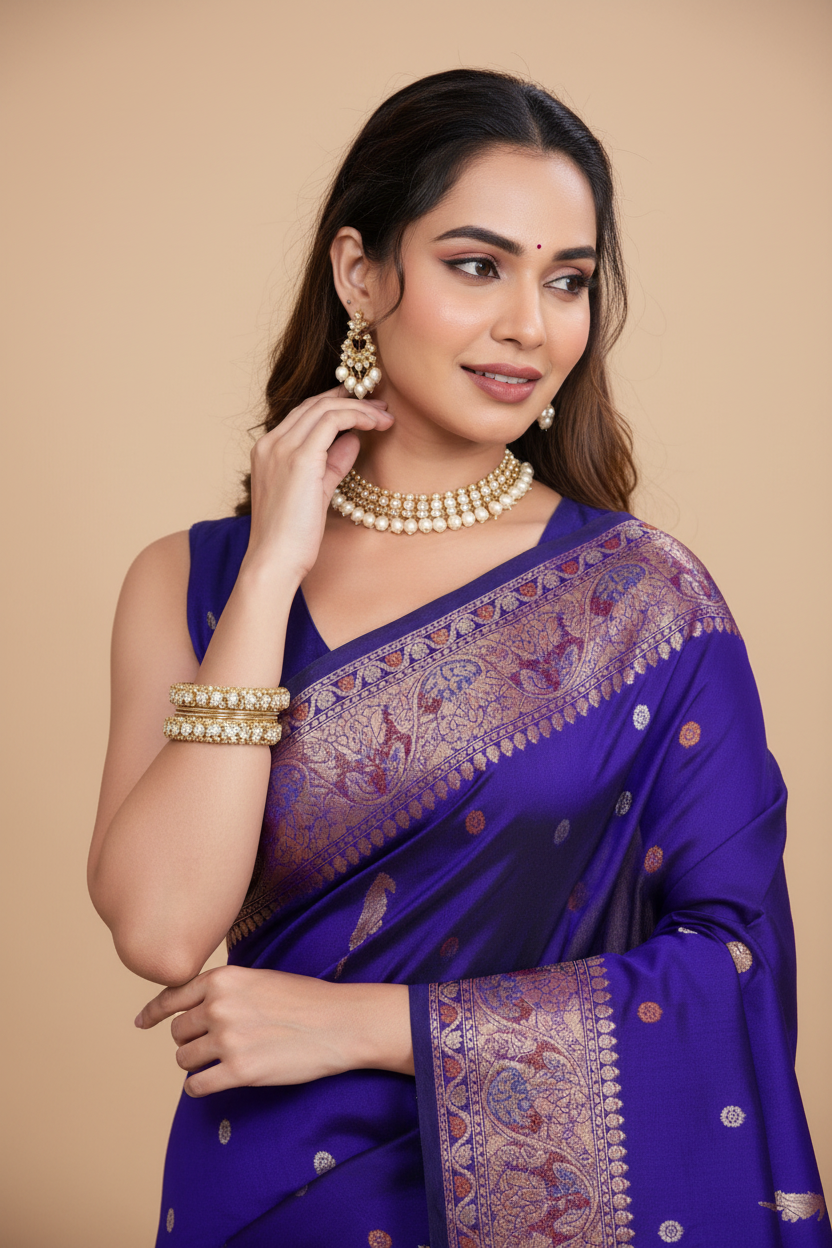 Snuggle Spot Women's Jacquard Woven Saree With Unstitched Blouse 5.5Mtr (Blue)