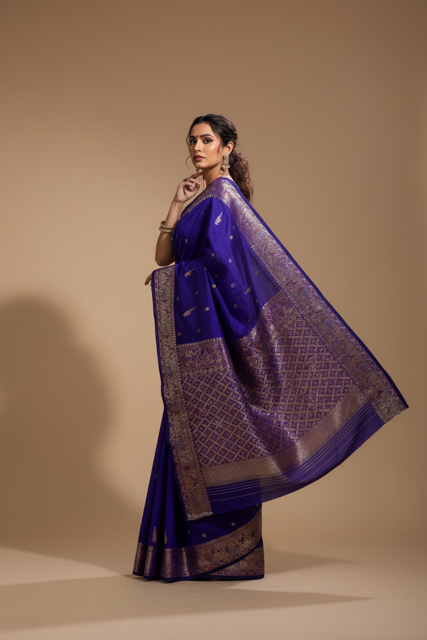 Snuggle Spot Women's Jacquard Woven Saree With Unstitched Blouse 5.5Mtr (Blue)