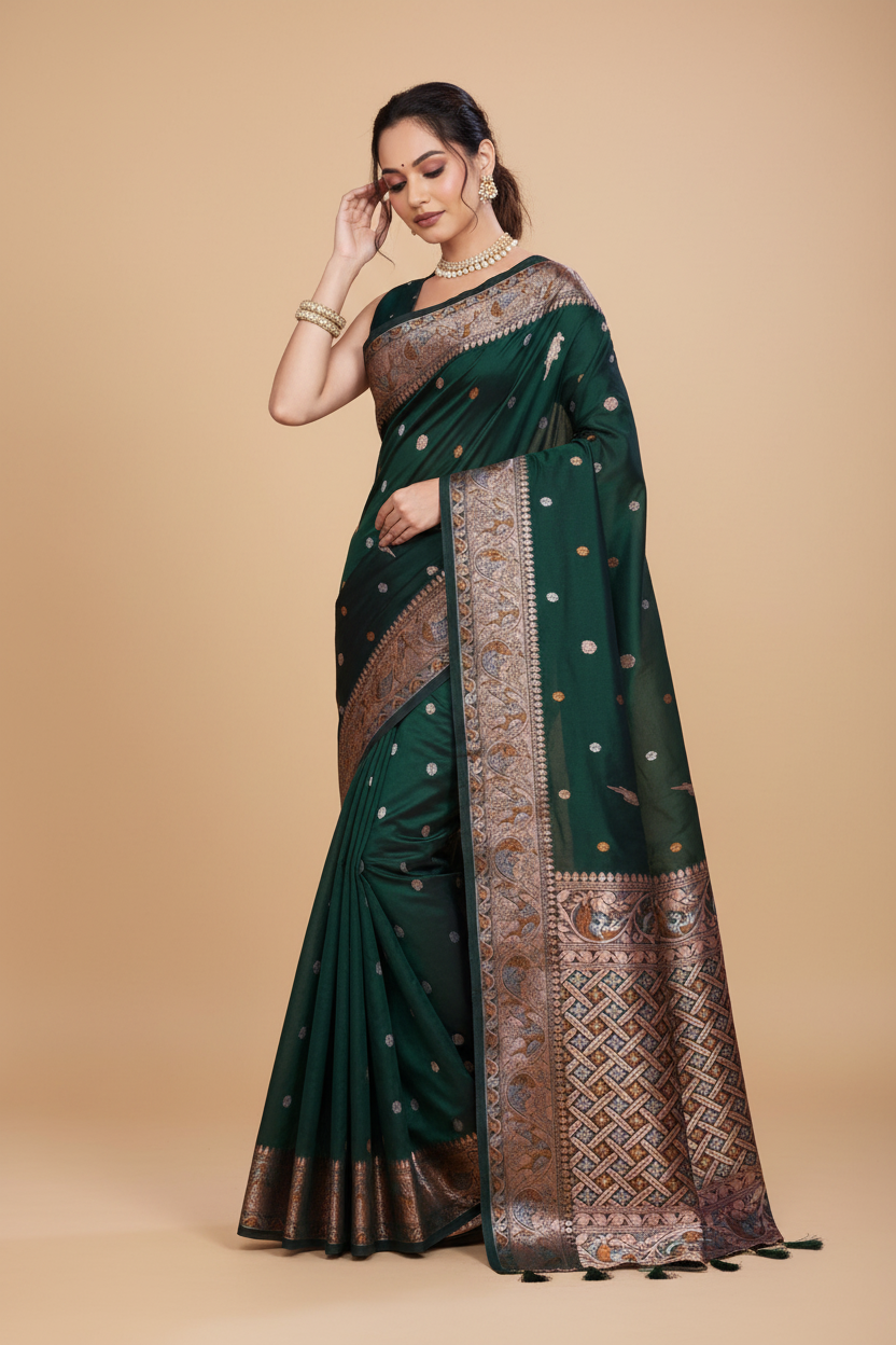 Snuggle Spot Women's Jacquard Woven Saree With Unstitched Blouse 5.5Mtr (Green)