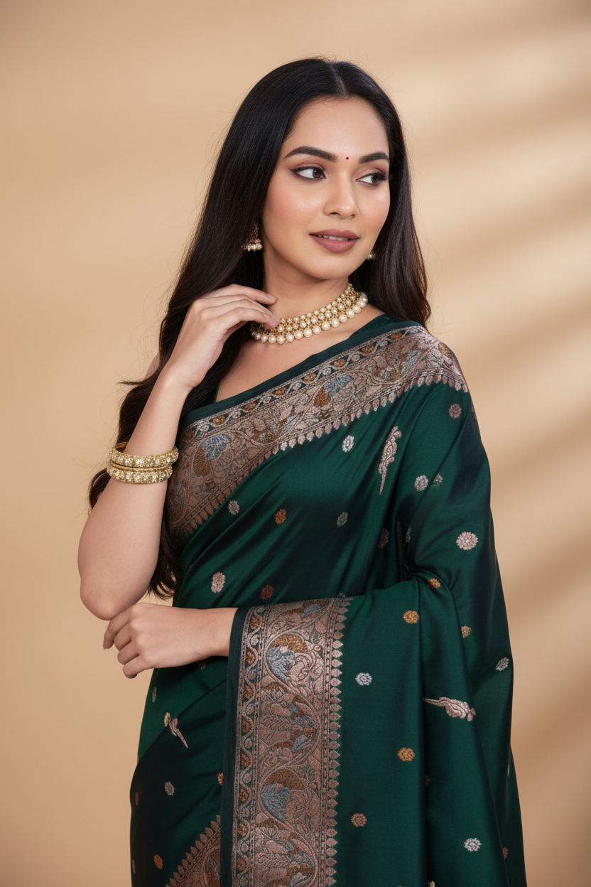 Snuggle Spot Women's Jacquard Woven Saree With Unstitched Blouse 5.5Mtr (Green)