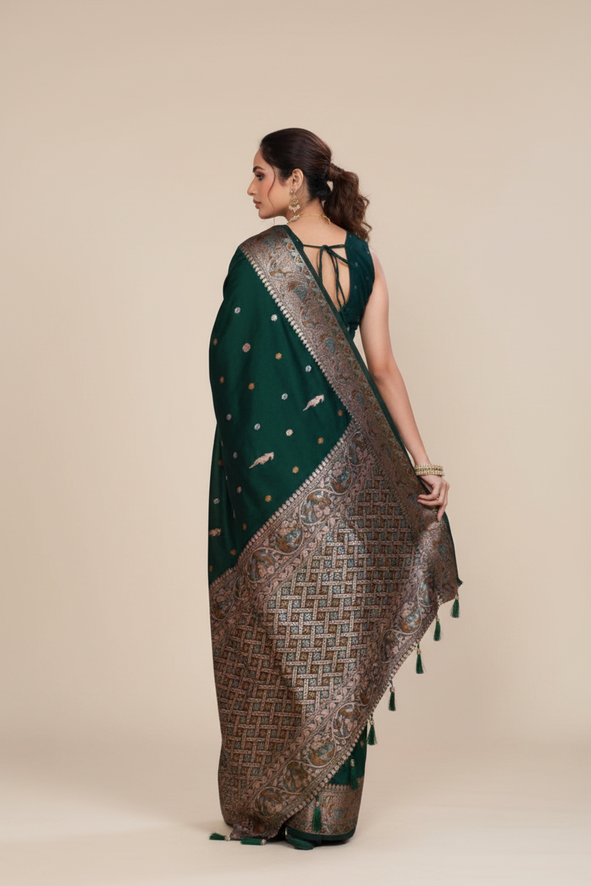 Snuggle Spot Women's Jacquard Woven Saree With Unstitched Blouse 5.5Mtr (Green)
