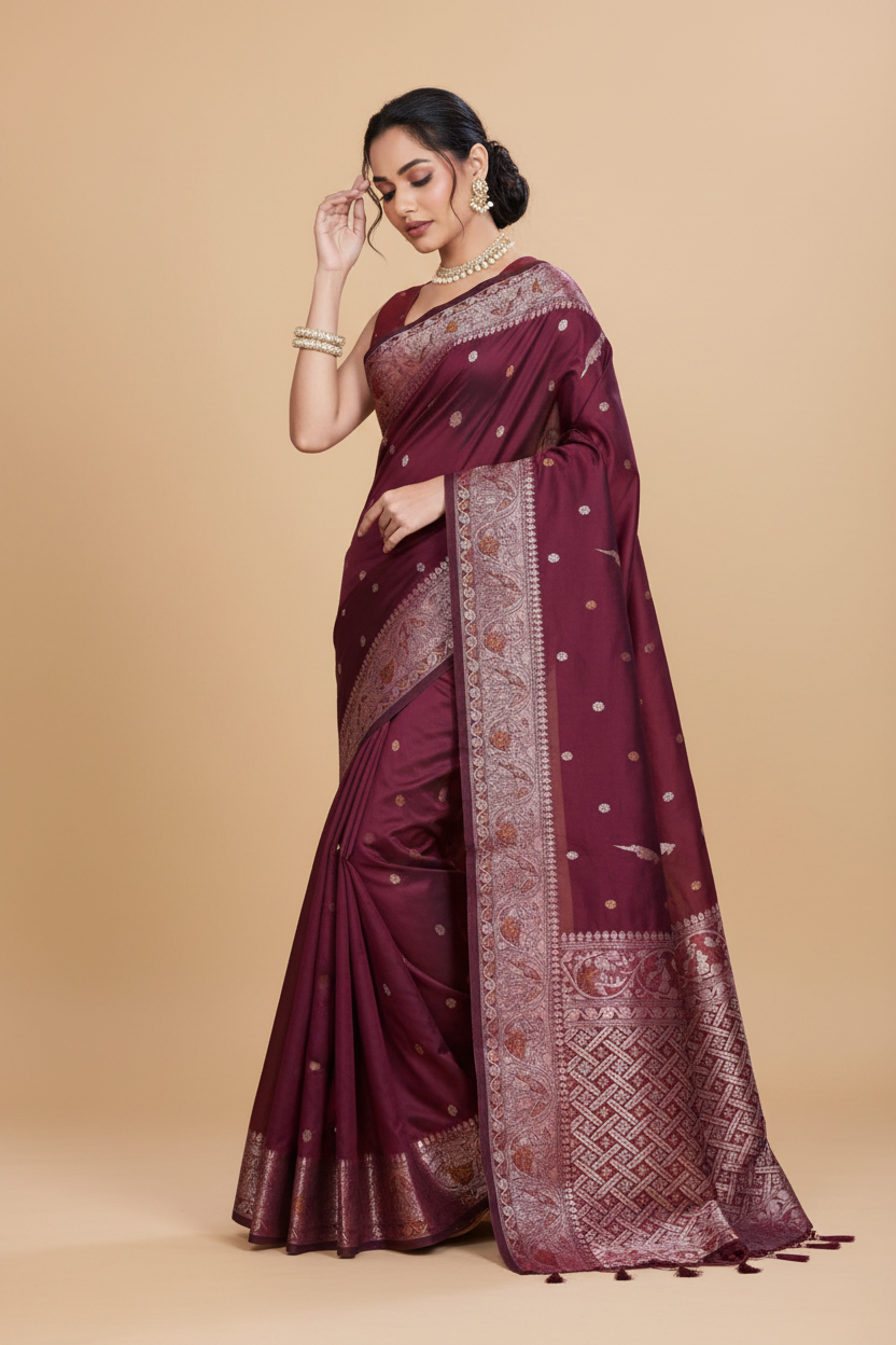 Snuggle Spot Women's Jacquard Woven Saree With Unstitched Blouse 5.5Mtr (Maroon)