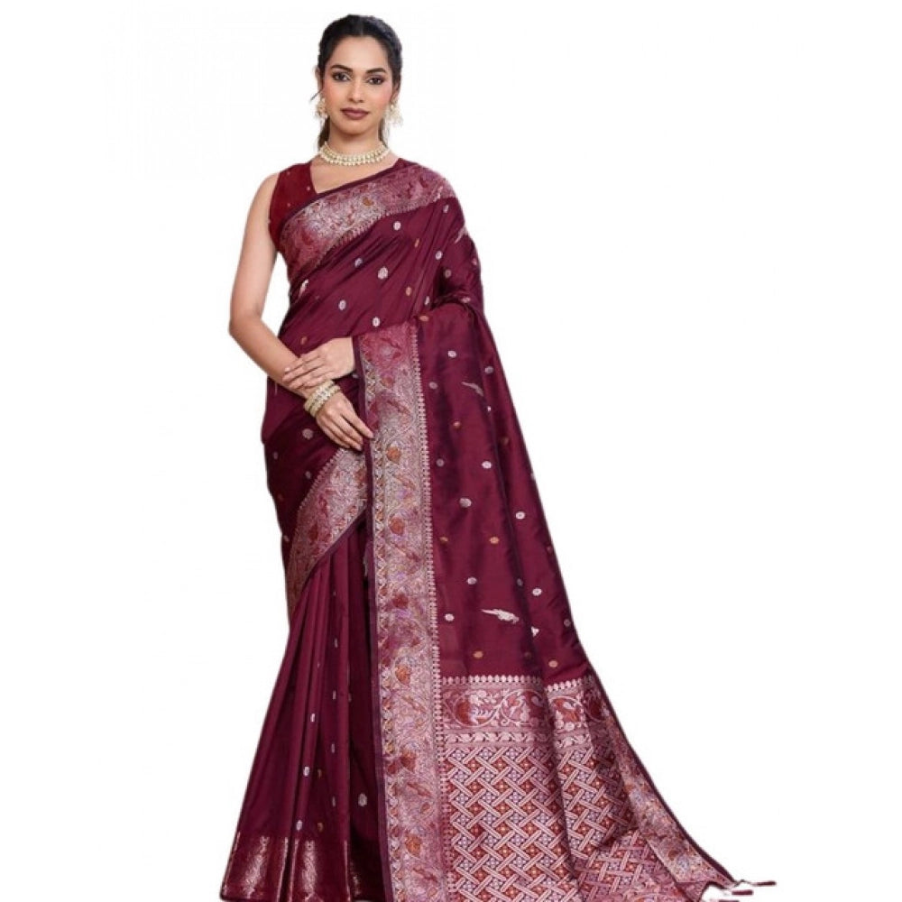 Snuggle Spot Women's Jacquard Woven Saree With Unstitched Blouse 5.5Mtr (Maroon)
