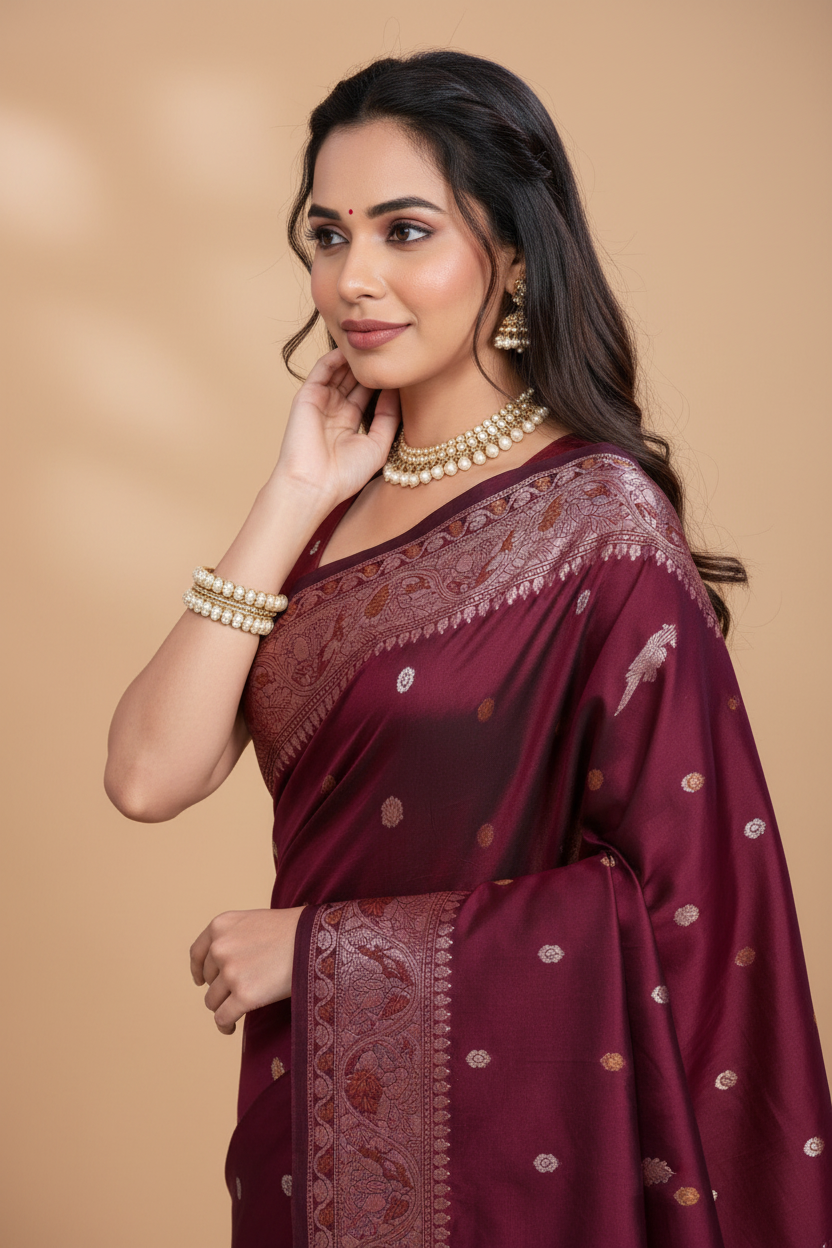 Snuggle Spot Women's Jacquard Woven Saree With Unstitched Blouse 5.5Mtr (Maroon)