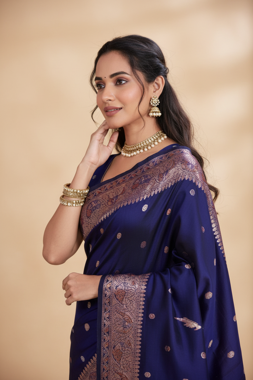 Snuggle Spot Women's Jacquard Woven Saree With Unstitched Blouse 5.5Mtr (Navy)