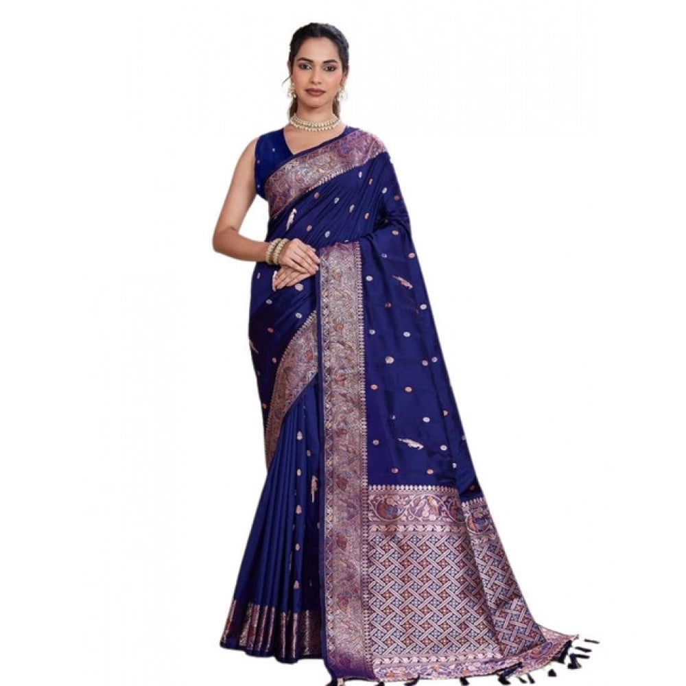 Snuggle Spot Women's Jacquard Woven Saree With Unstitched Blouse 5.5Mtr (Navy)