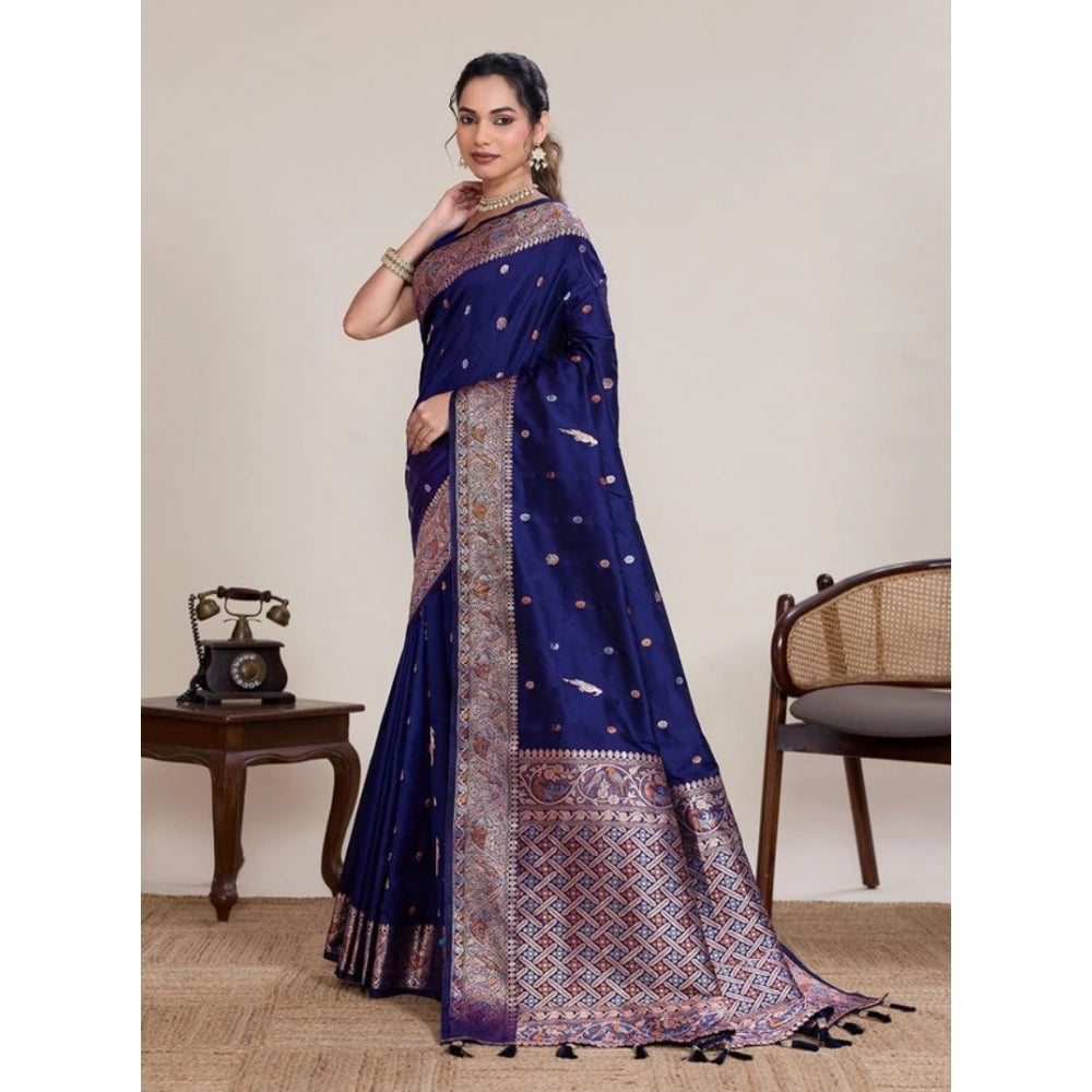 Snuggle Spot Women's Jacquard Woven Saree With Unstitched Blouse 5.5Mtr (Navy)