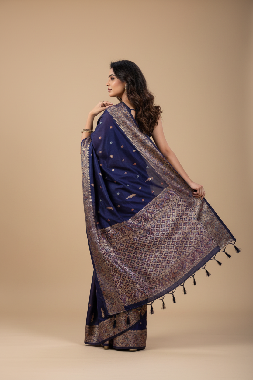 Snuggle Spot Women's Jacquard Woven Saree With Unstitched Blouse 5.5Mtr (Navy)