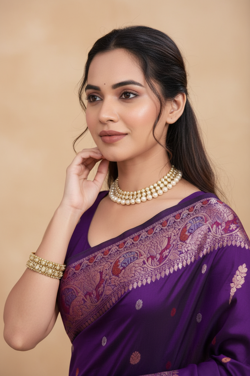 Snuggle Spot Women's Jacquard Woven Saree With Unstitched Blouse 5.5Mtr (Purple)