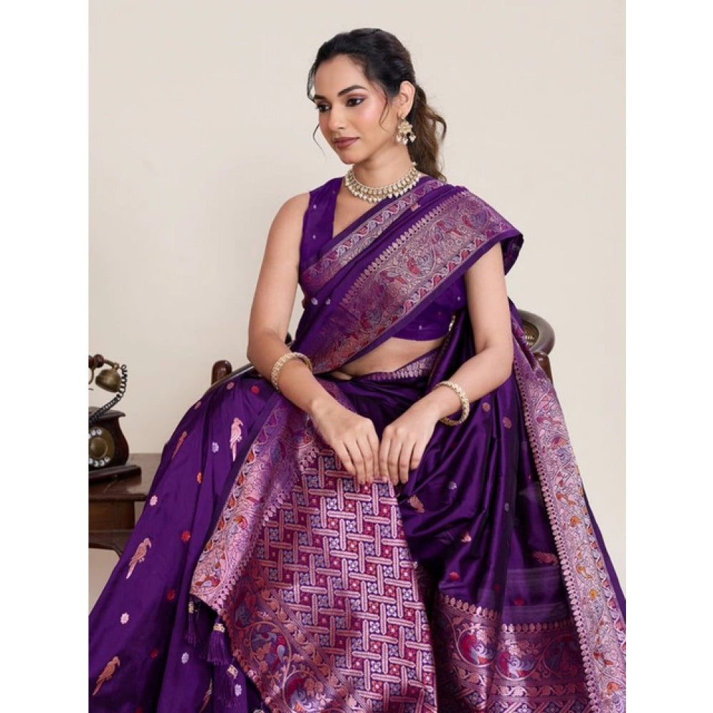 Snuggle Spot Women's Jacquard Woven Saree With Unstitched Blouse 5.5Mtr (Purple)