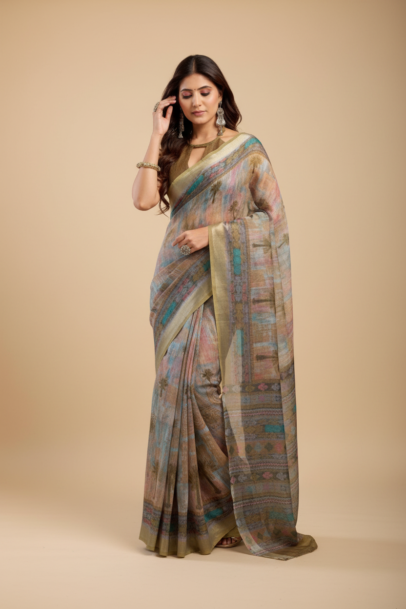 Snuggle Spot Women's Faux Linen Printed Ready to wear Saree With Unstitched Blouse 5.5Mtr (Multicolor)
