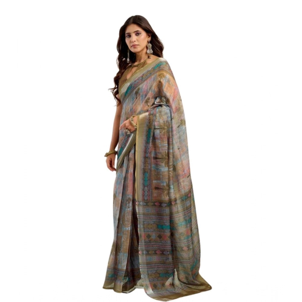 Snuggle Spot Women's Faux Linen Printed Ready to wear Saree With Unstitched Blouse 5.5Mtr (Multicolor)