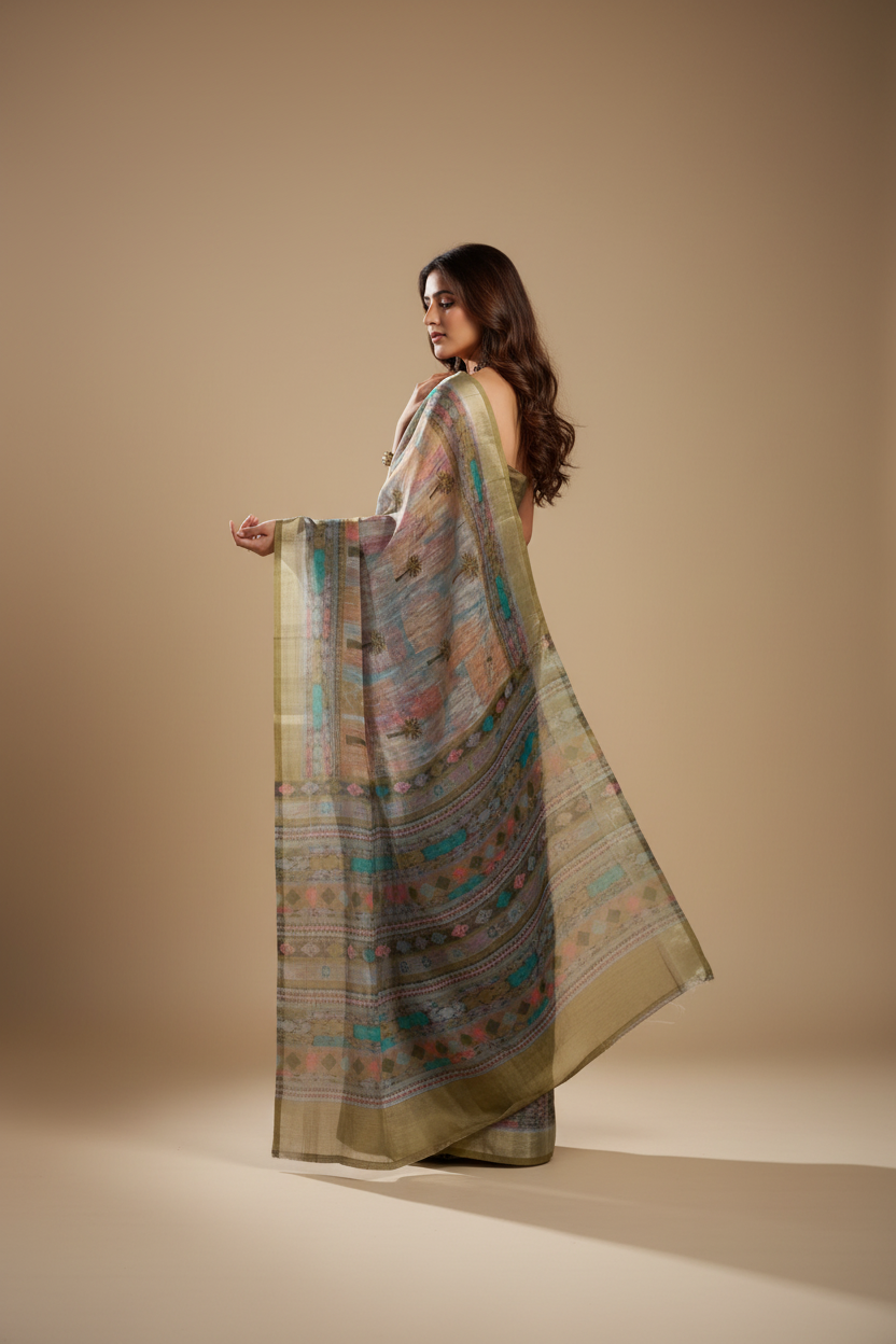 Snuggle Spot Women's Faux Linen Printed Ready to wear Saree With Unstitched Blouse 5.5Mtr (Multicolor)