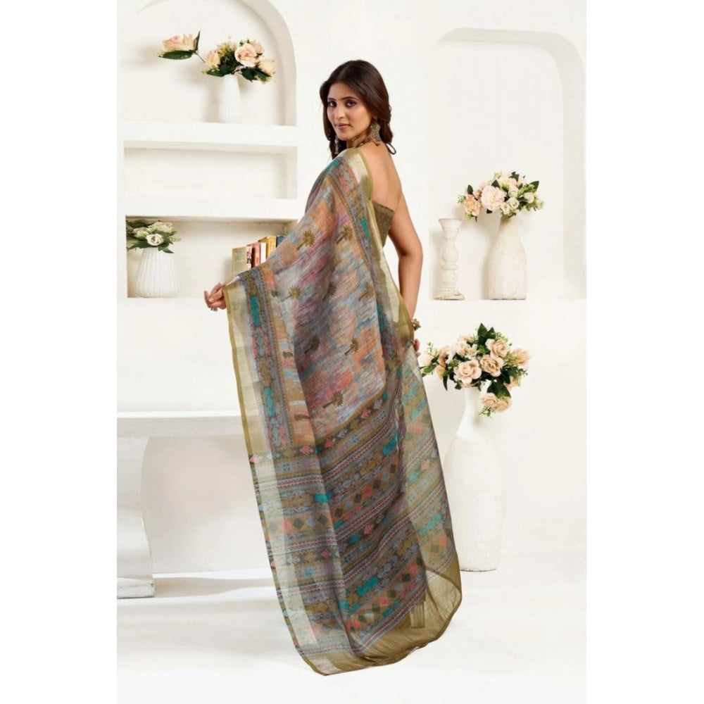 Snuggle Spot Women's Faux Linen Printed Ready to wear Saree With Unstitched Blouse 5.5Mtr (Multicolor)
