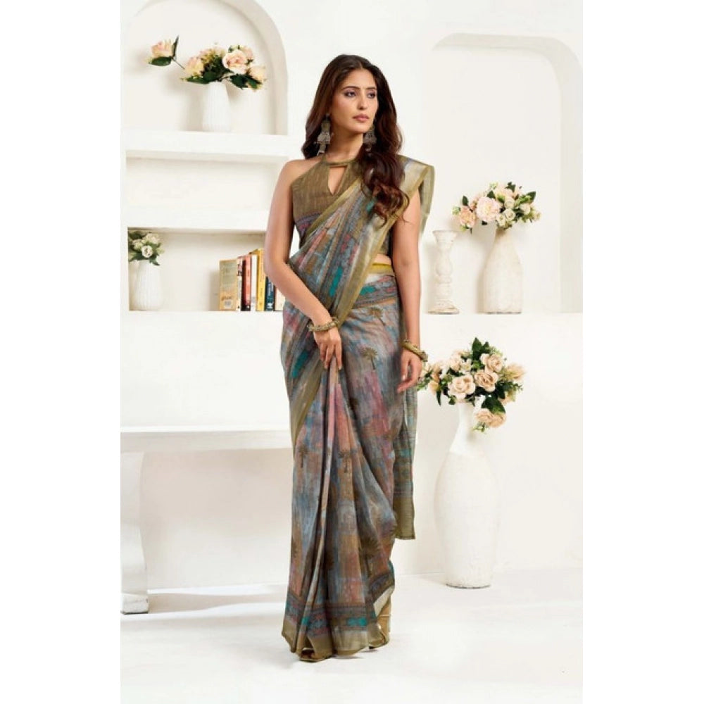 Snuggle Spot Women's Faux Linen Printed Ready to wear Saree With Unstitched Blouse 5.5Mtr (Multicolor)