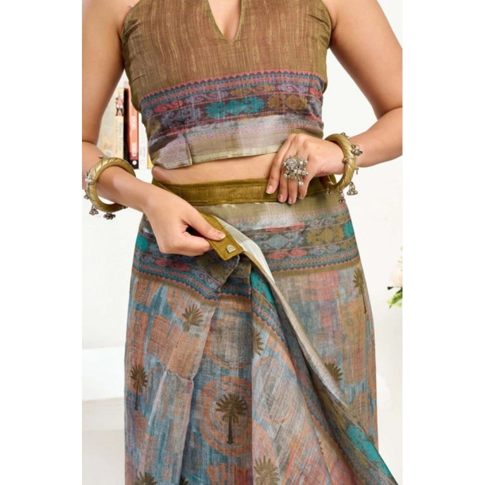 Snuggle Spot Women's Faux Linen Printed Ready to wear Saree With Unstitched Blouse 5.5Mtr (Multicolor)