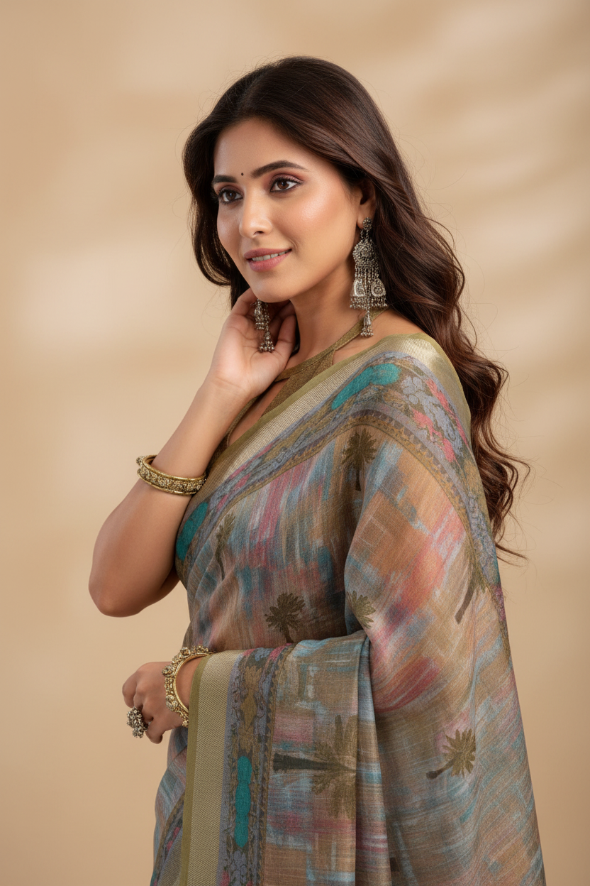 Snuggle Spot Women's Faux Linen Printed Ready to wear Saree With Unstitched Blouse 5.5Mtr (Multicolor)