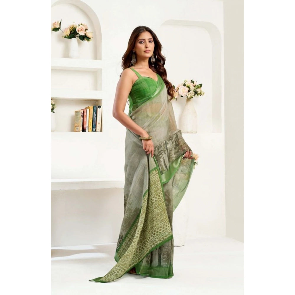 Snuggle Spot Women's Faux Linen Printed Ready to wear Saree With Unstitched Blouse 5.5Mtr (Light_Green)