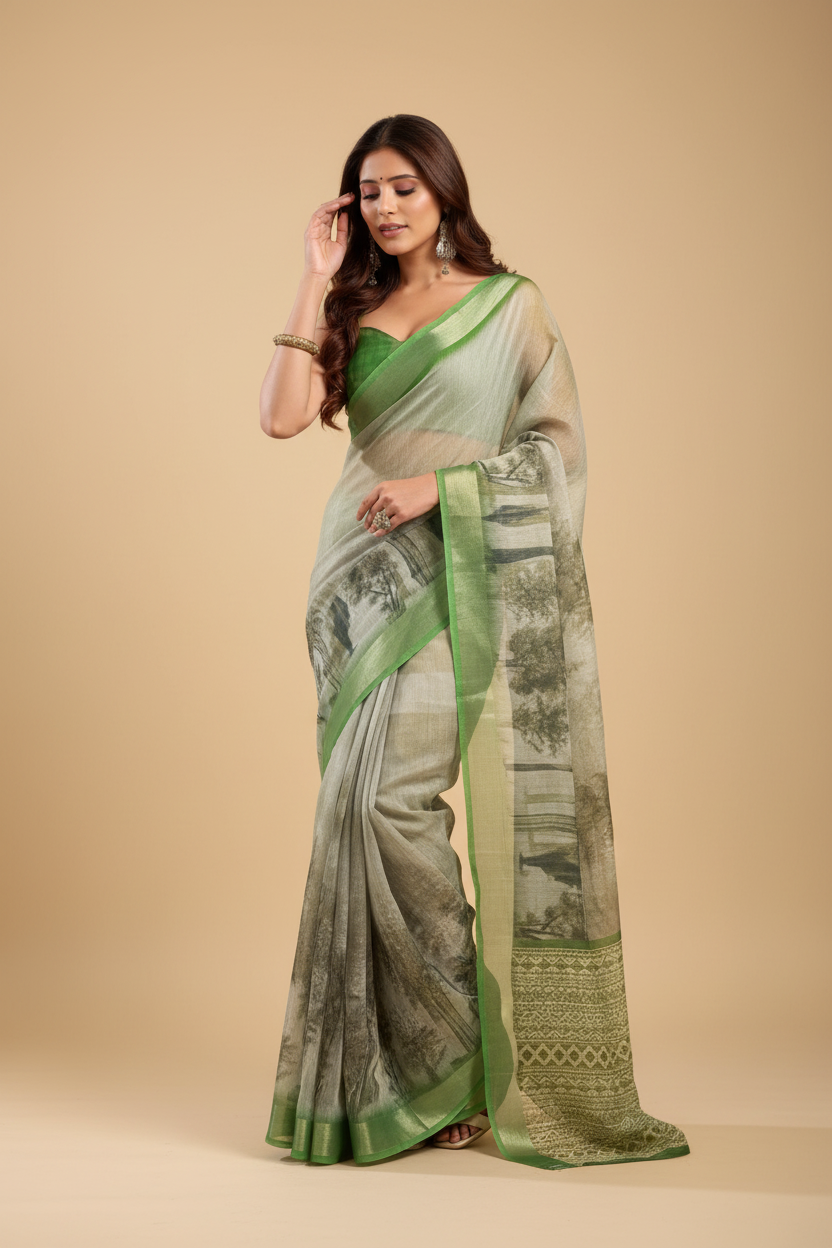 Snuggle Spot Women's Faux Linen Printed Ready to wear Saree With Unstitched Blouse 5.5Mtr (Light_Green)