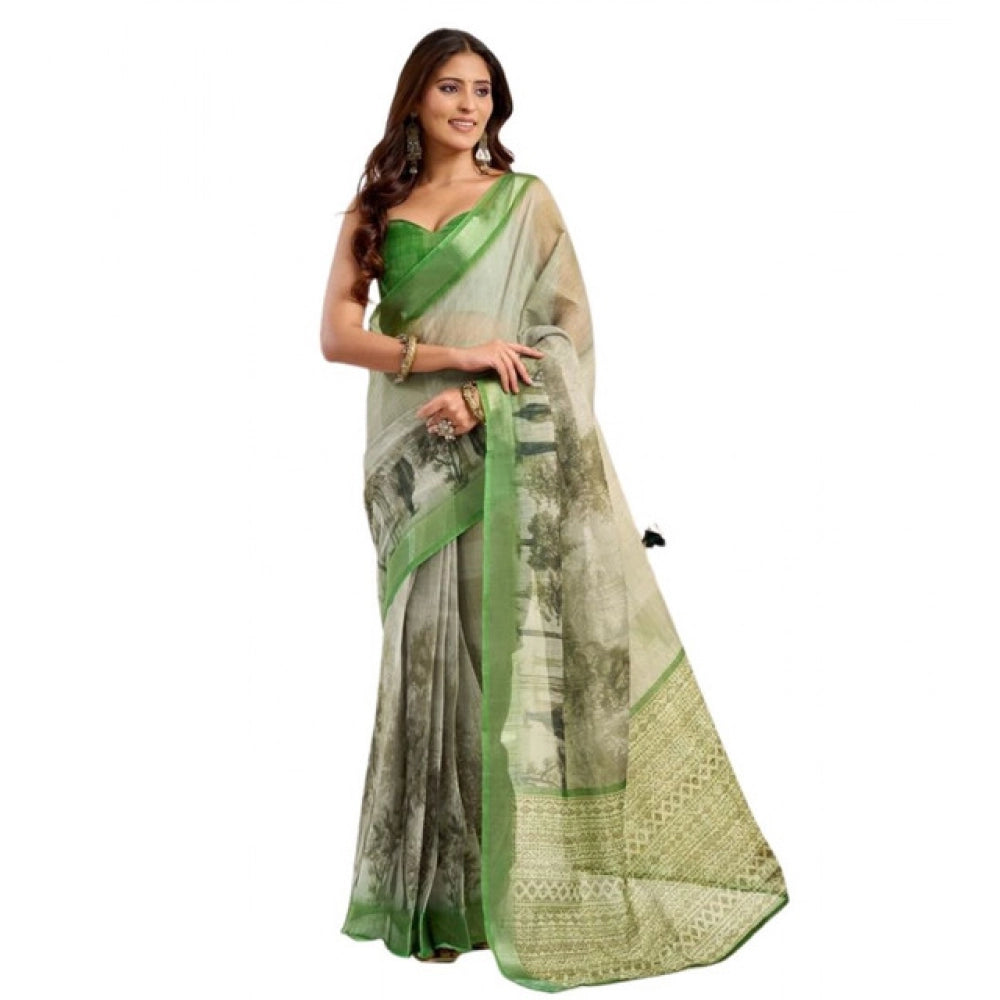 Snuggle Spot Women's Faux Linen Printed Ready to wear Saree With Unstitched Blouse 5.5Mtr (Light_Green)