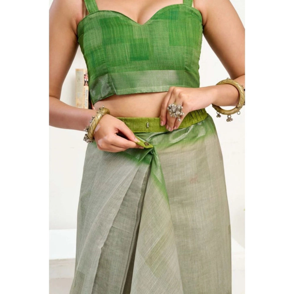 Snuggle Spot Women's Faux Linen Printed Ready to wear Saree With Unstitched Blouse 5.5Mtr (Light_Green)