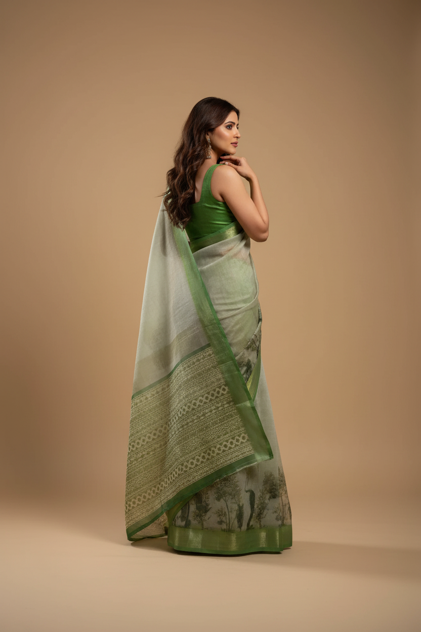 Snuggle Spot Women's Faux Linen Printed Ready to wear Saree With Unstitched Blouse 5.5Mtr (Light_Green)