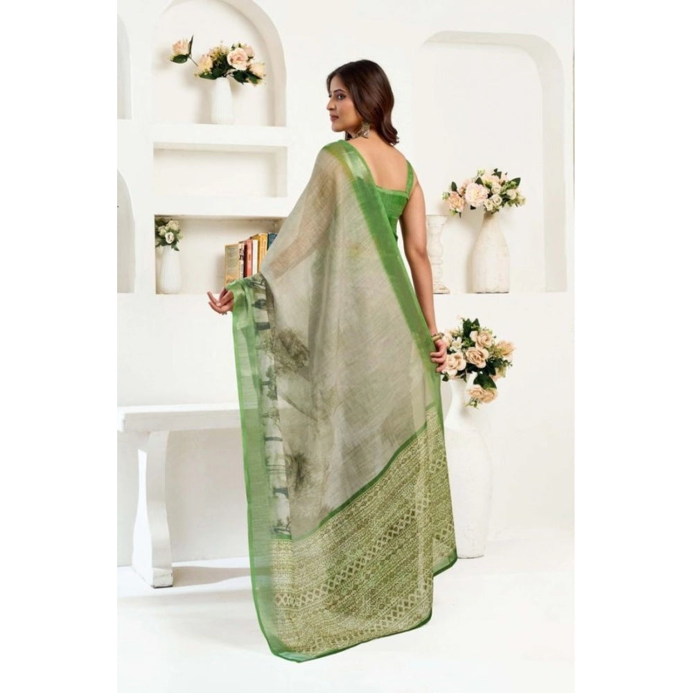 Snuggle Spot Women's Faux Linen Printed Ready to wear Saree With Unstitched Blouse 5.5Mtr (Light_Green)